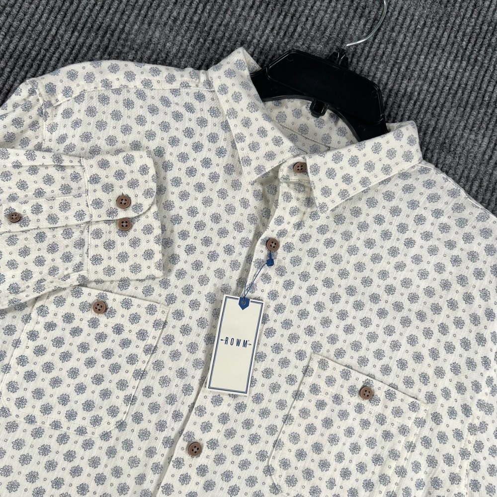 Rowm Shirt Mens Large White Geometric Long Sleeve Button Up Casual Comfort New